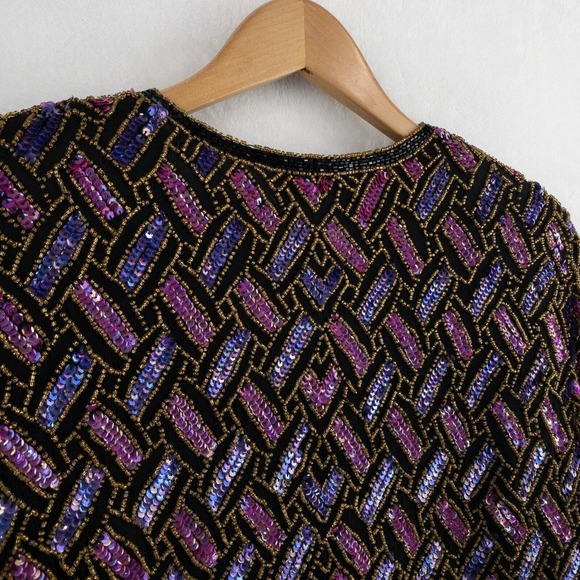 Papell Boutique Evening Jacket Size 10 Beaded Sequin Party 100% Silk Geometric - Picture 11 of 12